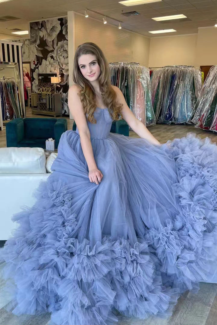 Dusty Blue Tulle Strapless Layered Prom Dress