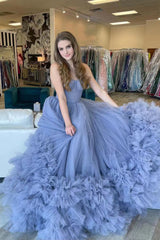 Dusty Blue Tulle Strapless Layered Prom Dress