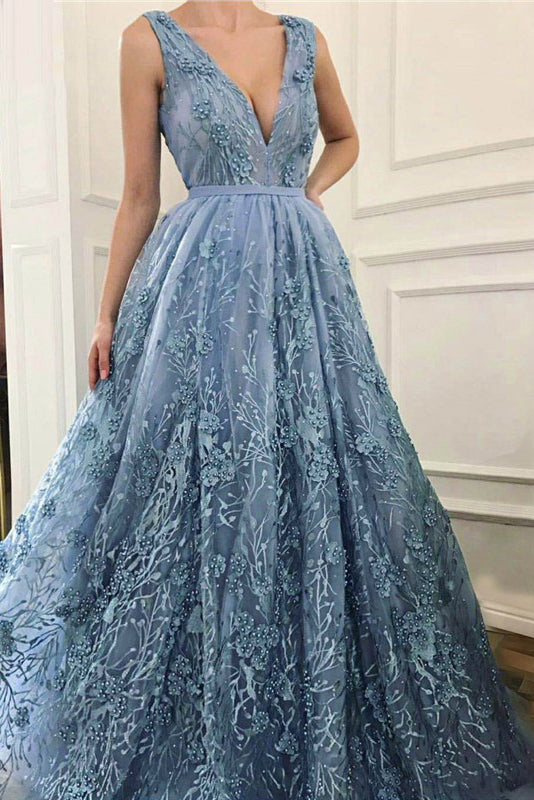 A-Line V-Neck Appliques Beading Blue Prom Dress with Sweep Train