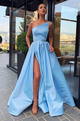 Simple Long Prom Dresses, Light Sky Blue Evening Dress with Split