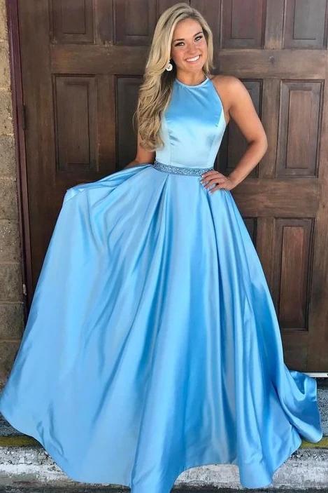 A-Line Long Prom Dress, Ice Blue Simple Evening Dress with Beading