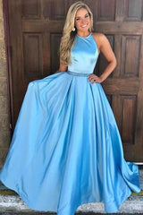 A-Line Long Prom Dress, Ice Blue Simple Evening Dress with Beading