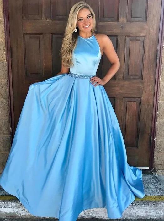 A-Line Long Prom Dress, Ice Blue Simple Evening Dress with Beading