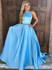 A-Line Long Prom Dress, Ice Blue Simple Evening Dress with Beading