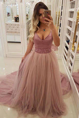 A-Line V-Neck Beaded Waist Prom Dresses with Overlay Tulle Skirt