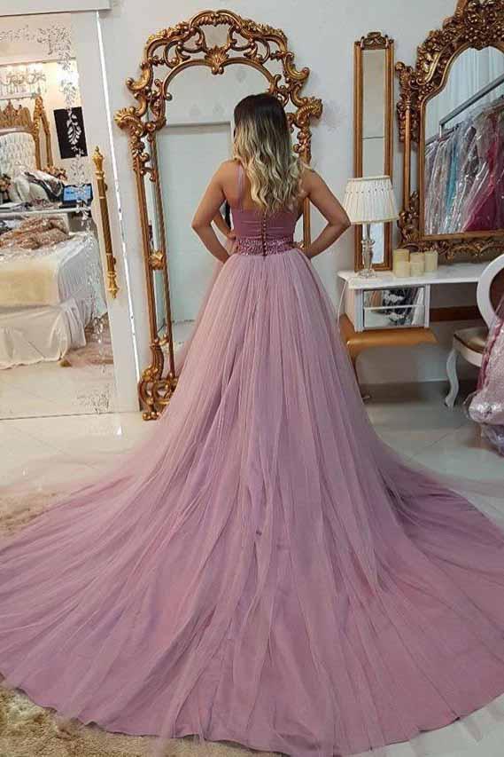A-Line V-Neck Beaded Waist Prom Dresses with Overlay Tulle Skirt