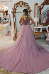 A-Line V-Neck Beaded Waist Prom Dresses with Overlay Tulle Skirt