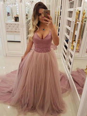 A-Line V-Neck Beaded Waist Prom Dresses with Overlay Tulle Skirt