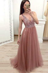 A-Line V-Neck Dark Green Long Prom Dress, Beading Formal Dress