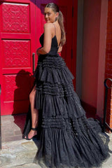 Glitter Black Tulle Tiered Prom Dresses, Long Graduation Gown with Slit