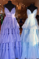 Glitter Black Tulle Tiered Prom Dresses, Long Graduation Gown with Slit