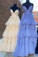 Glitter Black Tulle Tiered Prom Dresses, Long Graduation Gown with Slit