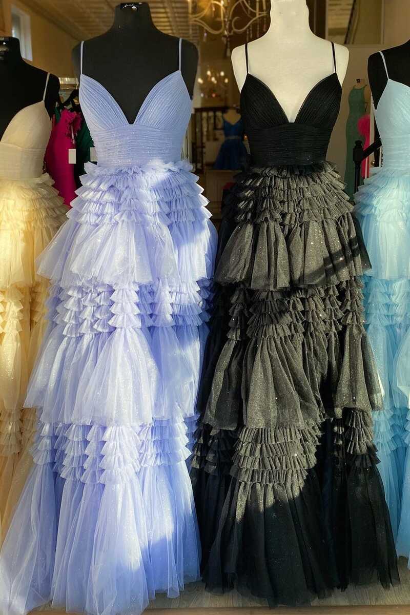 Glitter Black Tulle Tiered Prom Dresses, Long Graduation Gown with Slit