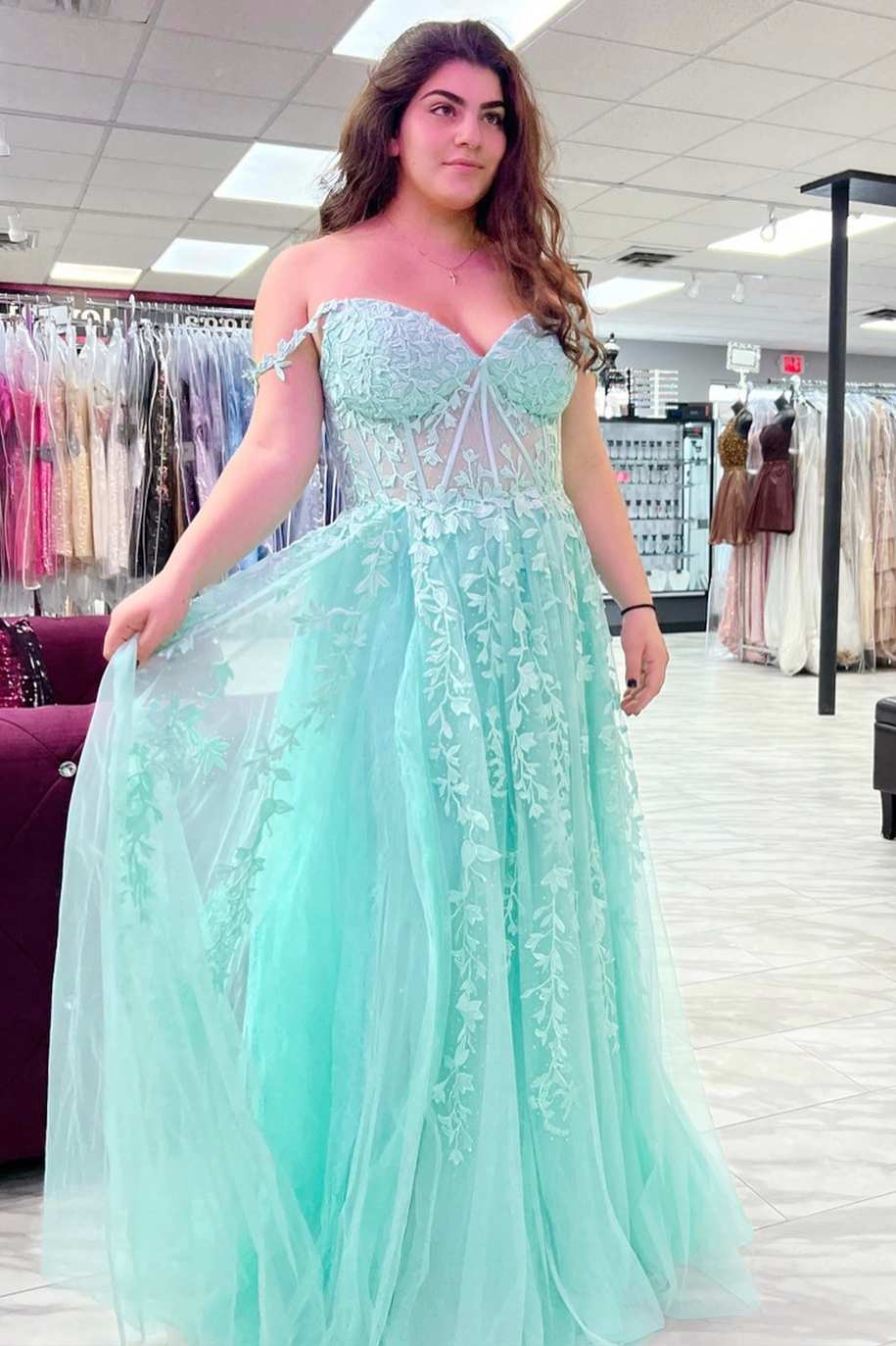 Sky Blue Lace Tulle Long Prom Dresses, Off-the-Shoulder A-Line Formal Gown