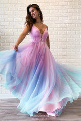 A-Line Ombre Long Prom Dress, V-neck Beaded Graduation Gown