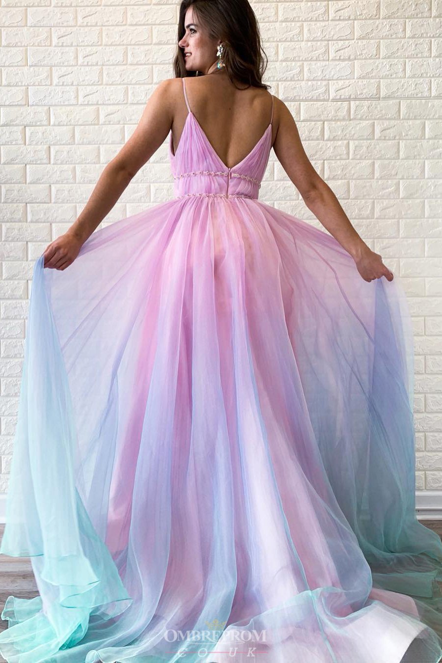 A-Line Ombre Long Prom Dress, V-neck Beaded Graduation Gown