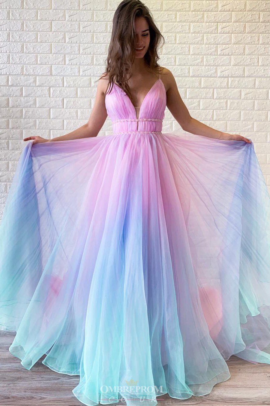 A-Line Ombre Long Prom Dress, V-neck Beaded Graduation Gown