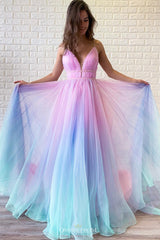A-Line Ombre Long Prom Dress, V-neck Beaded Graduation Gown