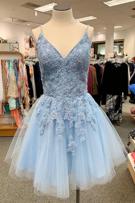 Chic A-Line Light Blue Tulle Homecoming Dress with Lace Applique