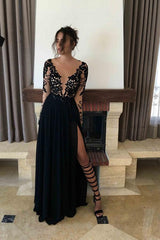 Black Lace Applique Long Sleeve Chiffon Prom Evening Dress