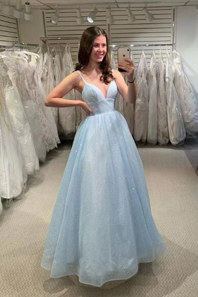 Sparkly A-Line Spaghetti Straps Light Blue Long Prom Dresses