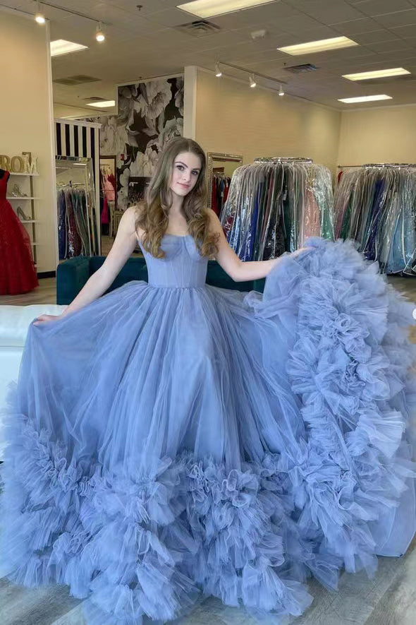 Dusty Blue Tulle Strapless Layered Prom Dress