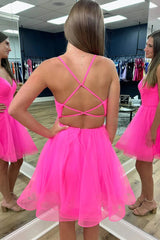 A-Line Hot Pink Criss Cross Back Straps Tulle Homecoming Dress