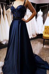 Gorgeous Dark Blue Long Prom Dresses with Appliques, Spaghetti Formal Gown