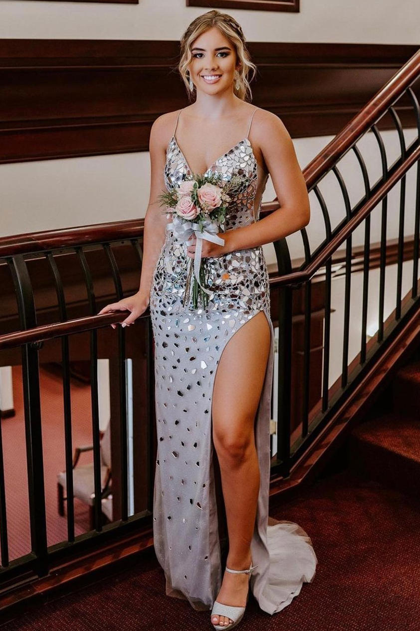 Elegant Silver Sequins Fitted Long Prom Dress, Slit Evening Gown