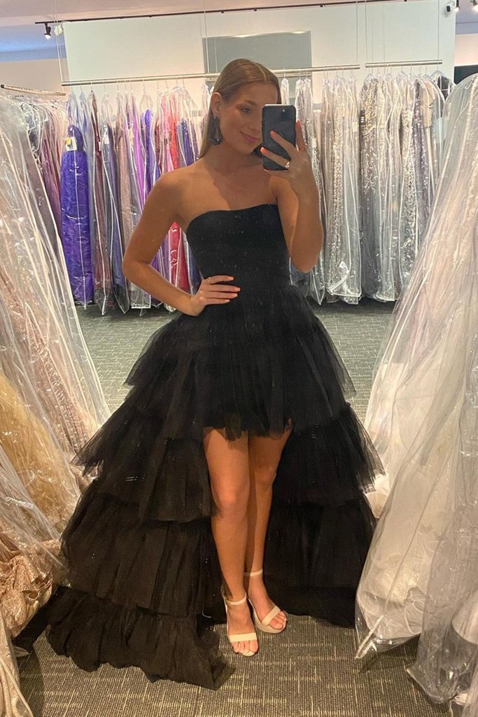 Black High Low Tulle Prom Dress Formal Evening Gown with Layered