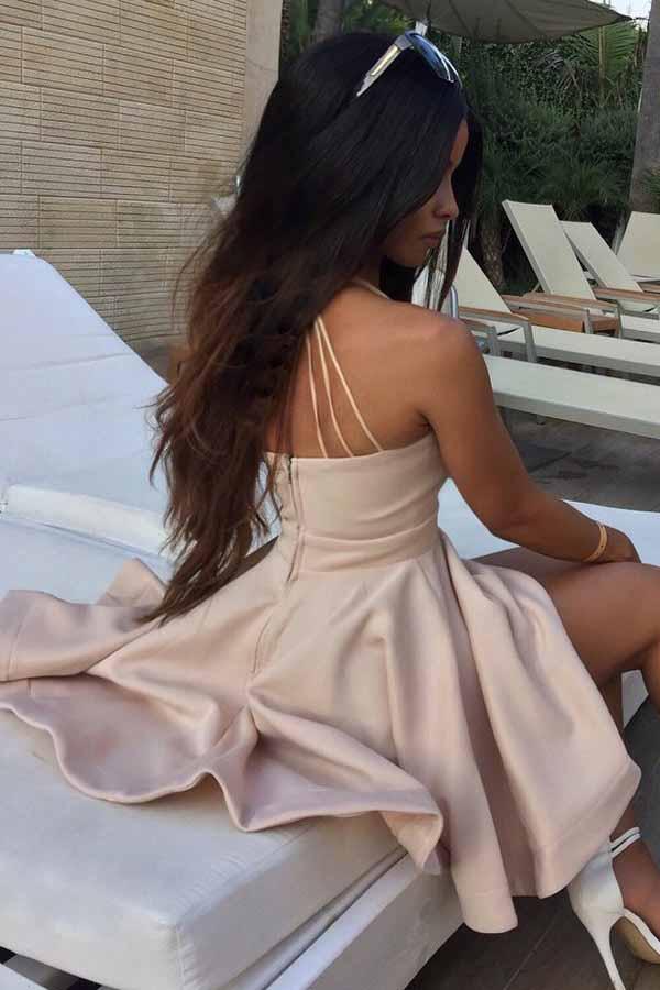 A-Line Plunge Neck Satin Criss-Cross Back Short Homecoming Dress