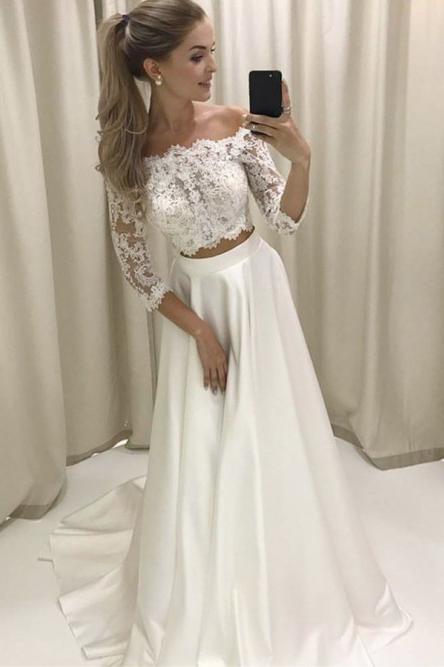 3/4 Sleeve Two-Piece Off-Shoulder Lace Satin Wedding Dress