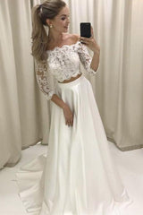 3/4 Sleeve Two-Piece Off-Shoulder Lace Satin Wedding Dress