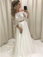3/4 Sleeve Two-Piece Off-Shoulder Lace Satin Wedding Dress