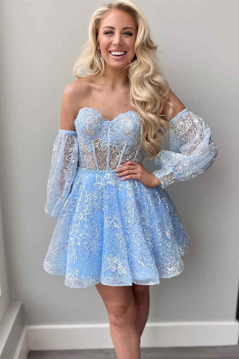 Detachable Sleeve Sky Blue Lace Corset A-Line Short Homecoming Dress