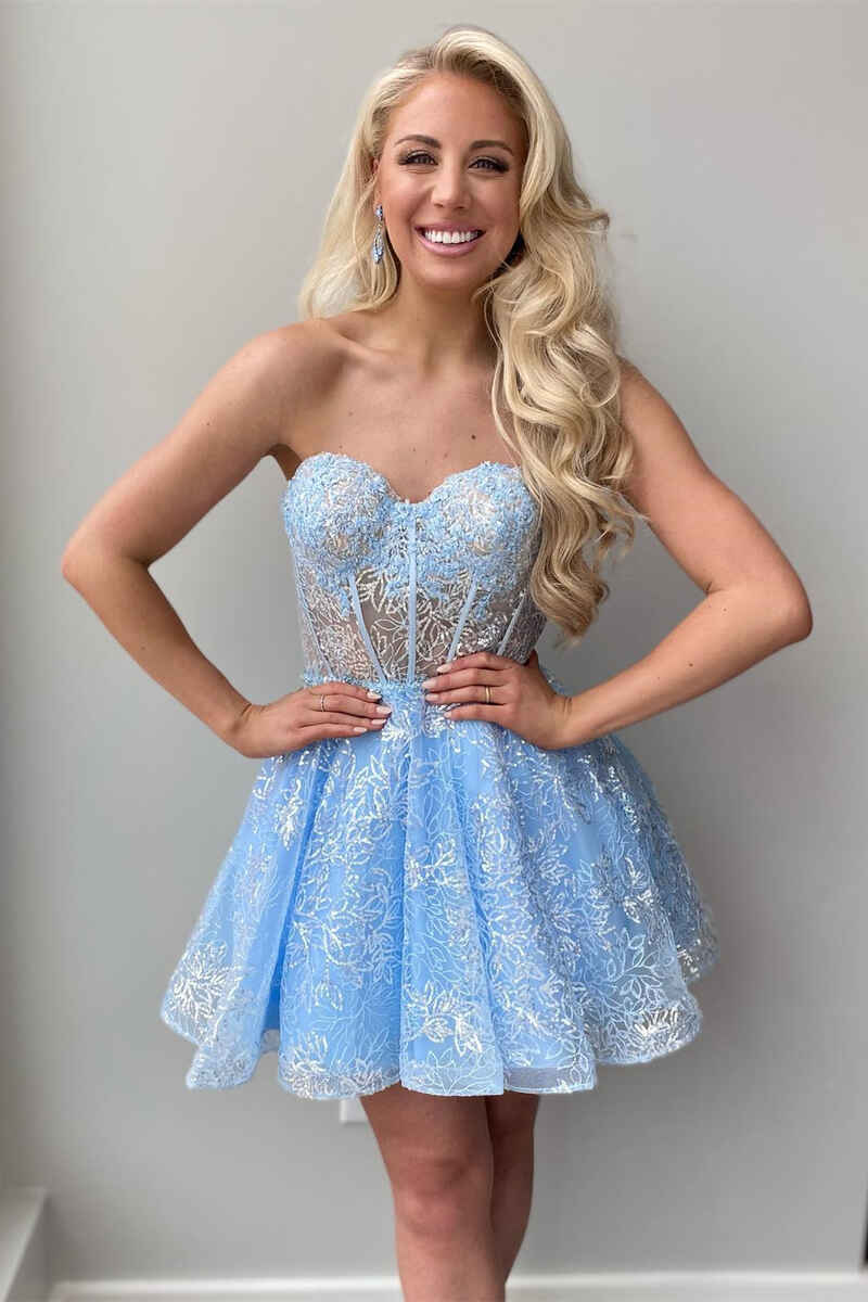 Detachable Sleeve Sky Blue Lace Corset A-Line Short Homecoming Dress