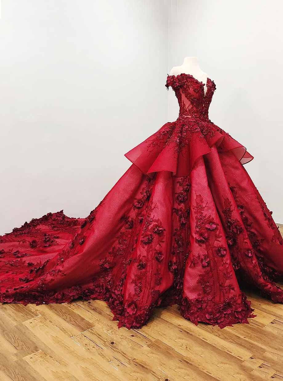 Burgundy Ball Gown Quinceanera Dress with Beading and 3D Appliques