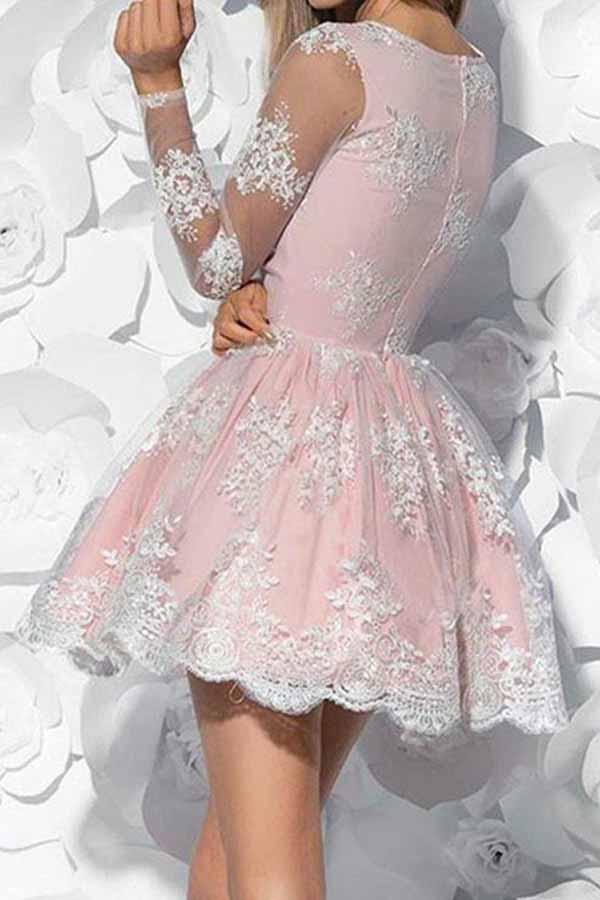 Blush Lace Appliques Modest Long Sleeves Sweet 16 Homecoming Dresses