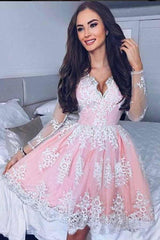 Blush Lace Appliques Modest Long Sleeves Sweet 16 Homecoming Dresses