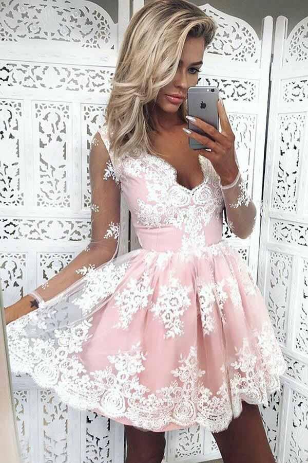 Blush Lace Appliques Modest Long Sleeves Sweet 16 Homecoming Dresses