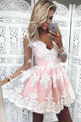Blush Lace Appliques Modest Long Sleeves Sweet 16 Homecoming Dresses