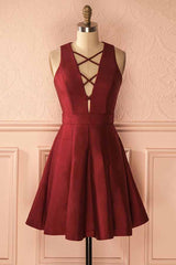 A-Line V-Neck Lace-Up Burgundy Short Homecoming Dress