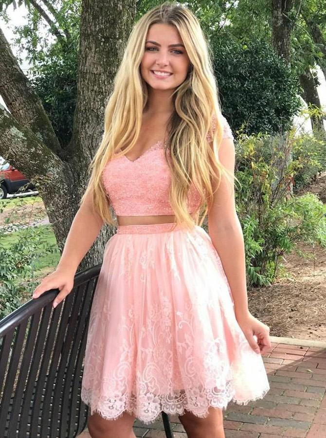 Cap Sleeves Two Piece V-Neck Coral Lace Homecoming Dress with Beaded