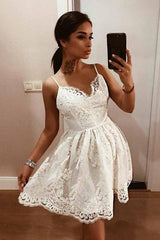A-Line V-Neck Lace Appliques Spaghetti Backless Short Party Dress