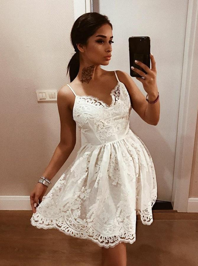 A-Line V-Neck Lace Appliques Spaghetti Backless Short Party Dress