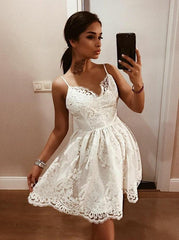 A-Line V-Neck Lace Appliques Spaghetti Backless Short Party Dress