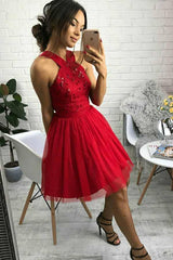 Cute Red Sweet 15 Dress, A-Line Cross Neck Beading Homecoming Dress