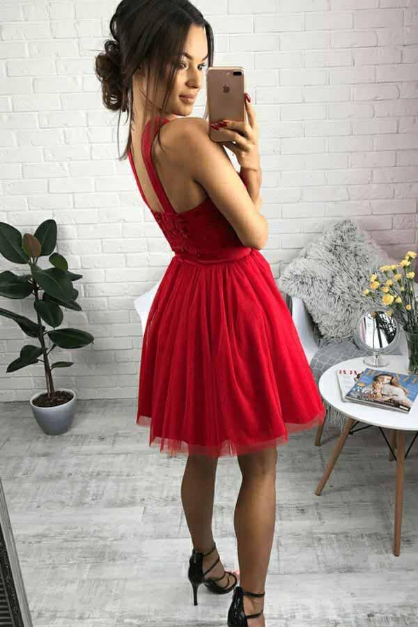 Cute Red Sweet 15 Dress, A-Line Cross Neck Beading Homecoming Dress