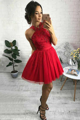 Cute Red Sweet 15 Dress, A-Line Cross Neck Beading Homecoming Dress
