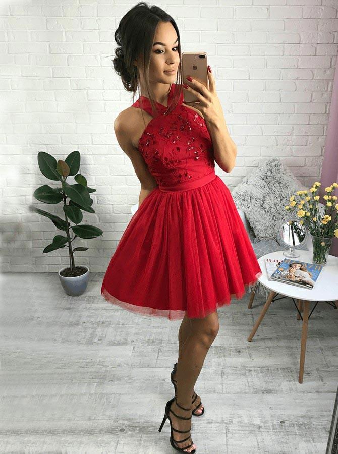 Cute Red Sweet 15 Dress, A-Line Cross Neck Beading Homecoming Dress